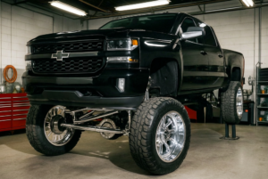  A black Chevrolet pickup truck with a lifted suspension and large chrome wheels, a great example of Custom Cars in Kenner, is parked inside a garage or workshop.