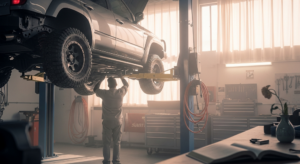 A mechanic works underneath a lifted SUV in a well-lit garage filled with tools, equipment, and workbenches, specializing in custom builds for Slidell customers.