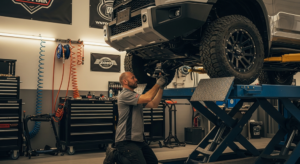 A mechanic kneels and works under a lifted pickup truck in a Slidell garage filled with tools, automotive equipment, and custom builds.